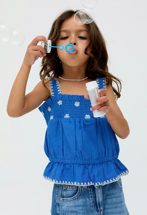 Kids Tilly Blanket Stitch Peplum Hem Blouse In Blue - image 5
