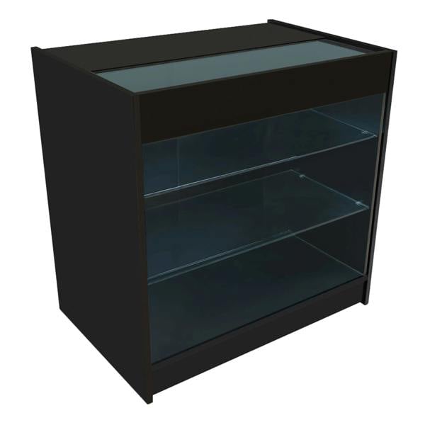 Black Apollo LED shop counter set with two glass shelves, sleek design, and illuminated top for showcasing products