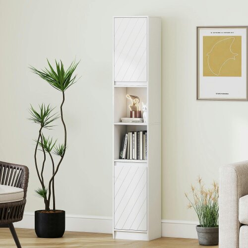 Wyld Haus Fibava Slim Freestanding Bathroom Storage Cabinet With OFauxn Compartment Adjustable Shelves White 30 x 24 x 170 cm