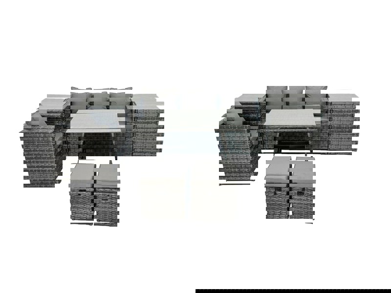 Fimous Rattan Dining Table Sofa Armchair Set with 2 Side Tables 2 Small Footstools Outdoor Garden Furniture Set Dark Grey Mixed