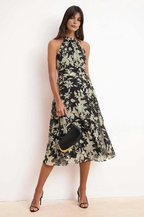 WOVCOR Floral Chiffon Flowy Woven Midi Dress