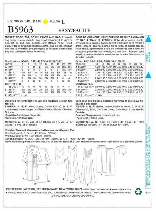 Butterick Sewing Pattern 5963, Bags, Dresses, Robes, Trousers, Pyjamas, Tops for Women, 6-8-10-12-14 - Easy