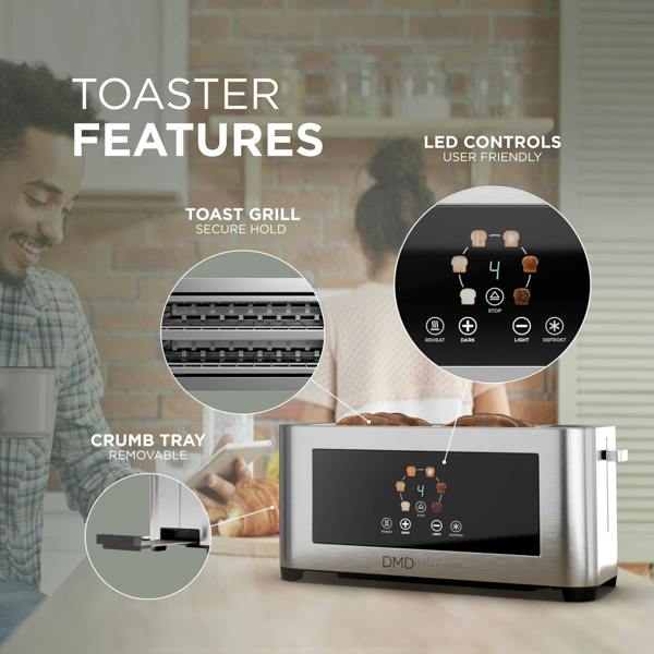 DMD Collective Touchscreen 4 Slice Long Slot Toaster Stainless Steel, 6 Browning Levels, Defrost Reheat & Cancel Functions, 1400W