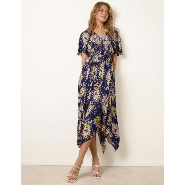 Blue Vanilla Shirred Waist Hanky Hem Dress
