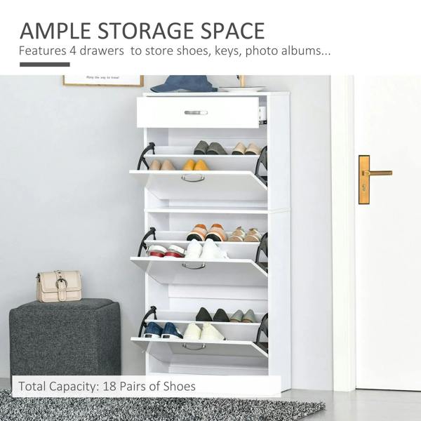 Open white shoe cabinet with flip drawers and adjustable internal shelves