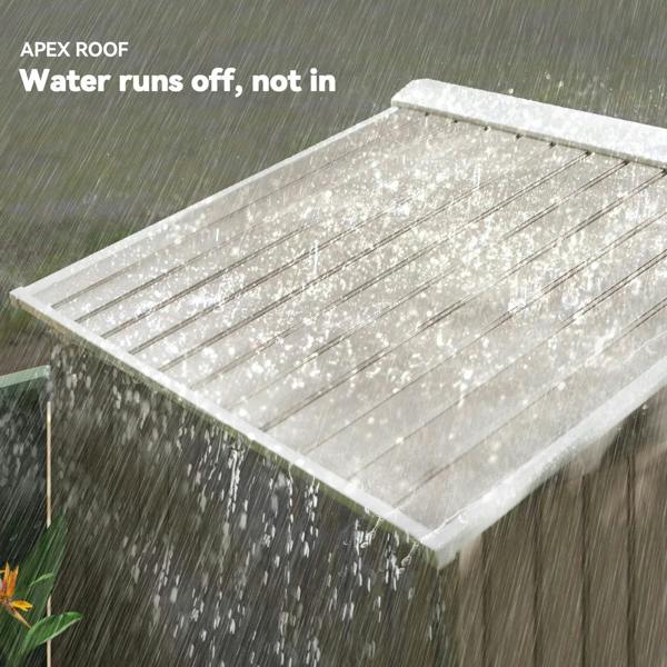 Metal garden shed roof top showing sloped panel and water runoff path
