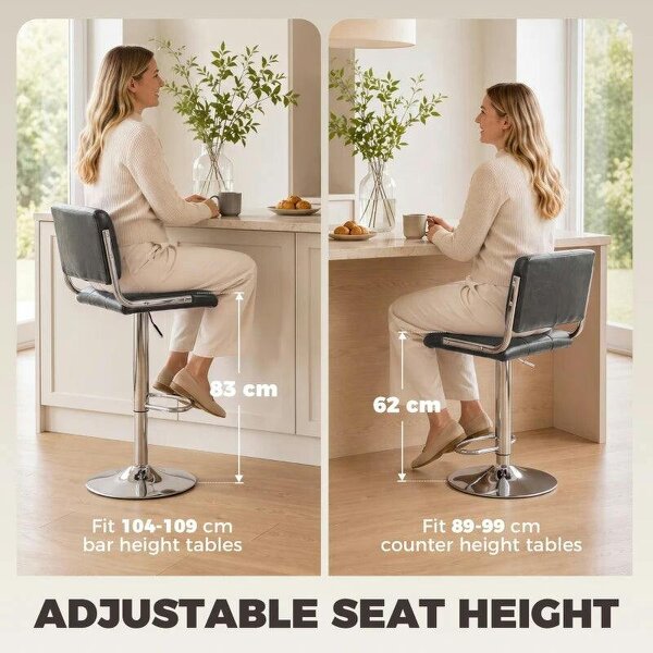 Bar Stools Modern PU Leather Adjustable Breakfast Bar Stools Backrest Set of 2 Grey
