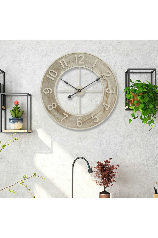 Living and Home 60cm Round Arabic Numerals Woodgrain Wall Clock
