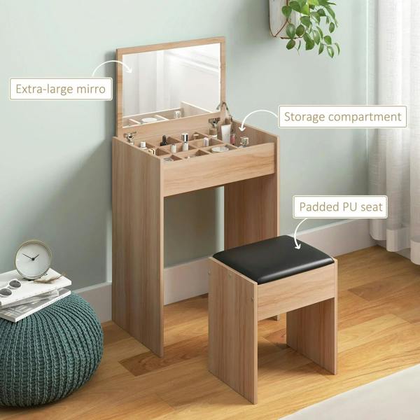 Wood vanity dressing table with extra-large flip-up mirror, storage and padded seat