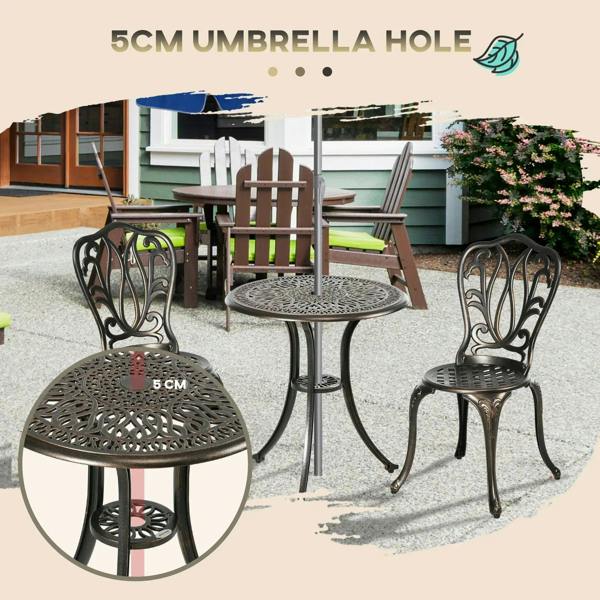 Bronze-tone bistro set with umbrella hole in round table and two ornate chairs