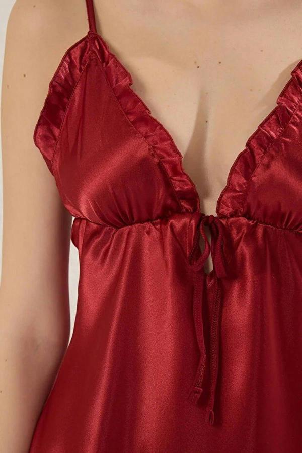 WOVCOR Satin Woven Nightdress with Ruffle and Tie Detail