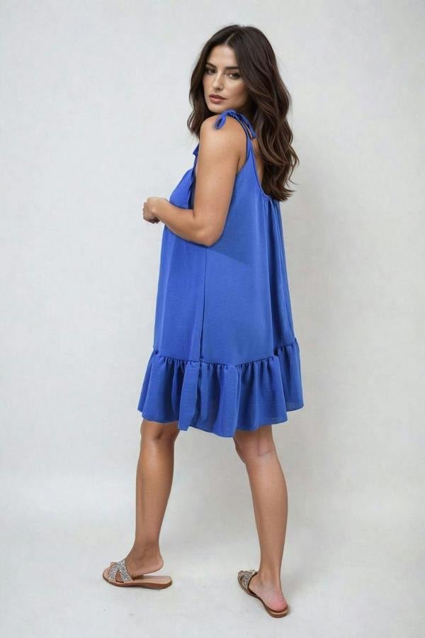 Faye Backless Tie-up Spaghetti Strap Frill Hem Mini Dress - Royal