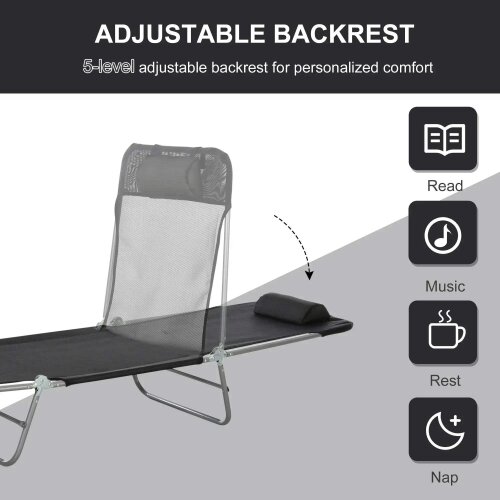Bobobiy Outdoor Foldable Sun Lounger, Adjustable Backrest Garden Recliner Sun Lounger Chair with Headrest Pillow, Black