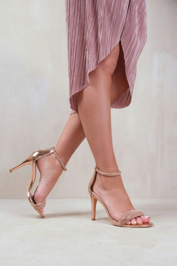 Where's That From Evelyn High Heel Sandals With Diamante Ankle Strap in Rose Gold Faux Leather