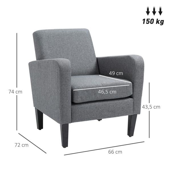 Grey accent chair with wide armrests and padded seat, shown with measurements