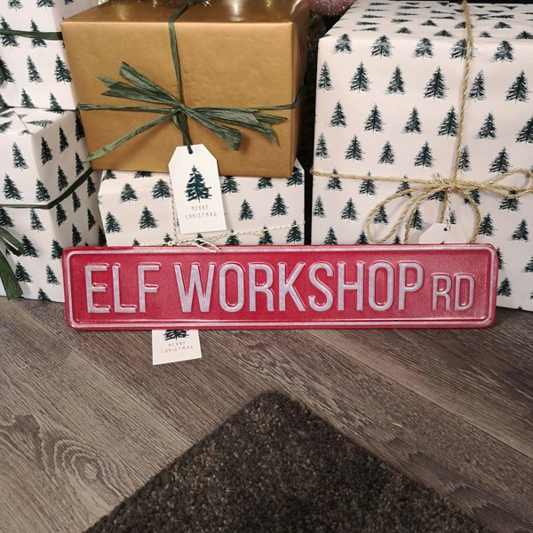 Samuel Alexander 50cm Indoor Outdoor Red Metal Elf Workshop Rd Sign Hanging Christmas Decoration