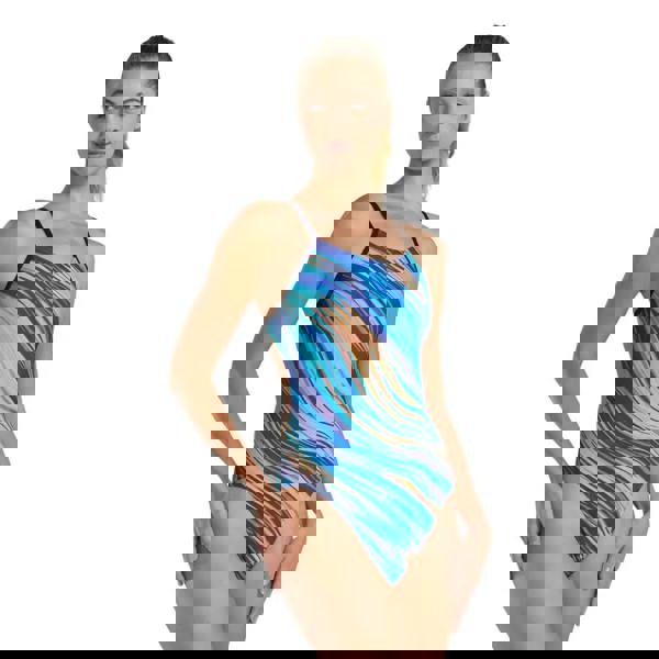 Teal orange TYR Riptidal Durafast Elite cutout swimsuit with black straps