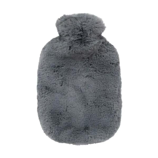 Gray fluffy Fashy 2L hot water bottle with plush cover and pom-pom