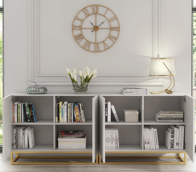 Mex Furniture Sophisticated White Sideboard with Fluted Fronts & Gold Legs – 200cm Storage Unit