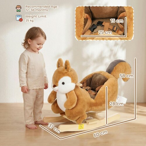AIYAPLAY Rocking Horse Plush Ride on Horse with Squirrel Sound Brown