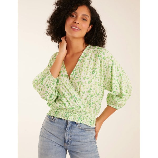 Blue Vanilla Leopard Print Elasticated Sleeve Wrap Front Elastic Hem Top