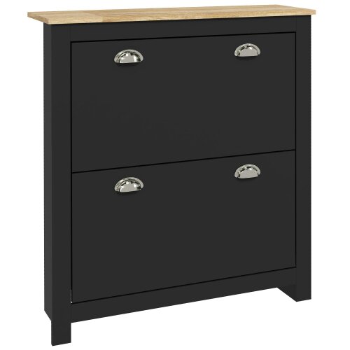 Wyld Haus Resuka Wooden Black Slim Shoe Cabinet With 2 Flip Drawers For 6 To 12 Pairs