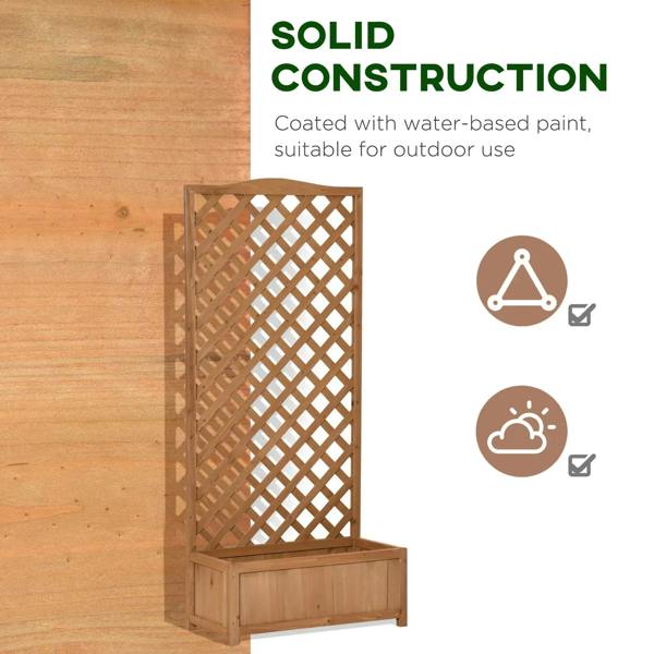 Brown wooden planter box and diamond lattice trellis with durable solid frame