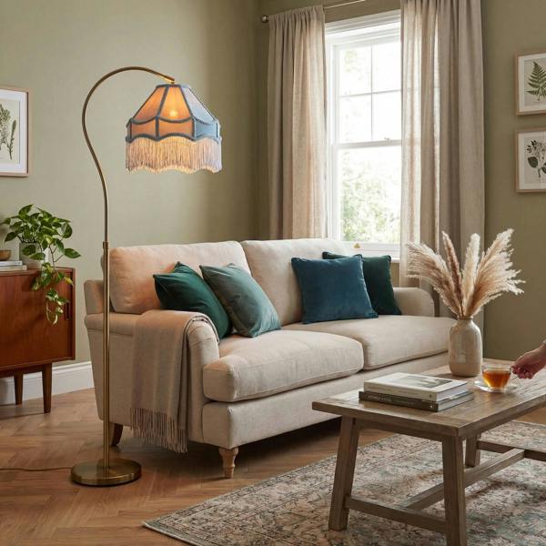 Traditional Victorian Empire Lampshade in Sky Blue Velvet with Tassels Image 6
