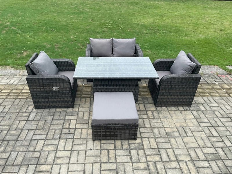 Fimous PE Rattan Outdoor Garden Furniture Set Height Adjustable Rising lifting Dining Table With Love Sofa Chair Big Footstool
