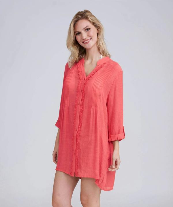 Salmon Pink Fringed Beach Shirt with Button Closure and Rolled Cuff Sleeves