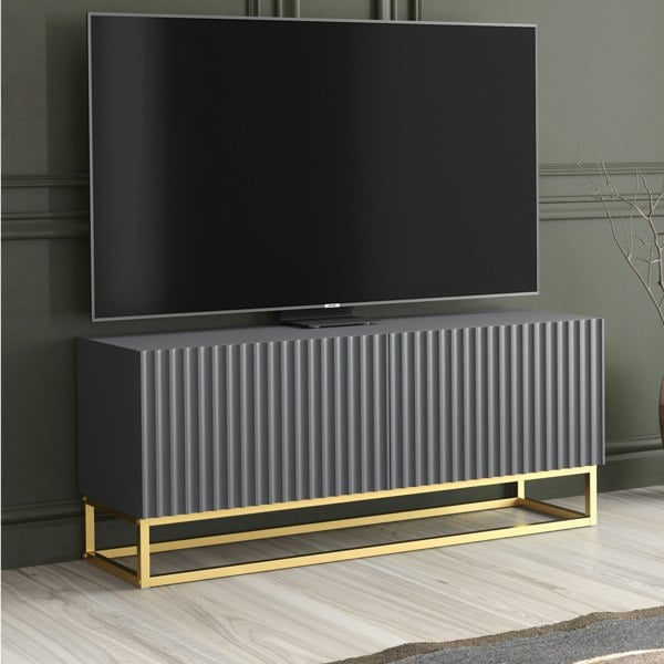 Mex Furniture Grey TV Unit with Gold Base 100cm – Fluted Fronts & Push-Down Doors