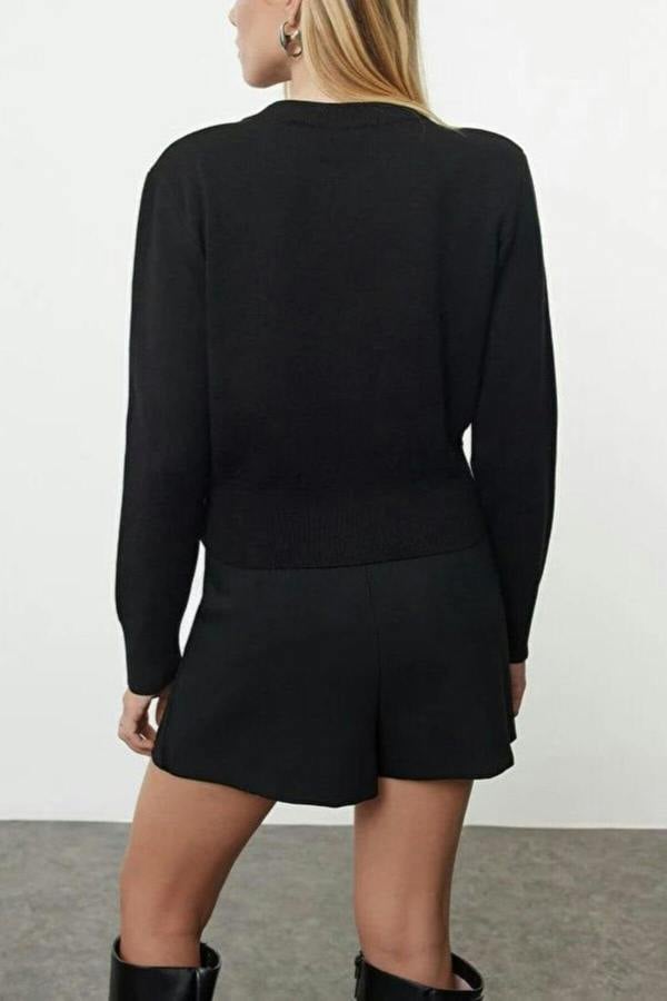 WOVCOR Premium Yarn Crop Knit Cardigan with Rose Button Detail