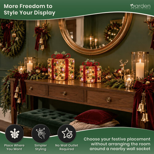 Set of 2 Light Up Gold Rattan Christmas Parcels with Red Bows, 25 White LED Lights, Battery Powered Chain Decoration for Tree or Fireplace Display