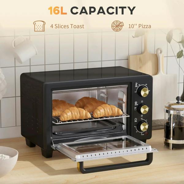 Black 16L countertop oven with open door, wire rack, and pull-out baking tray