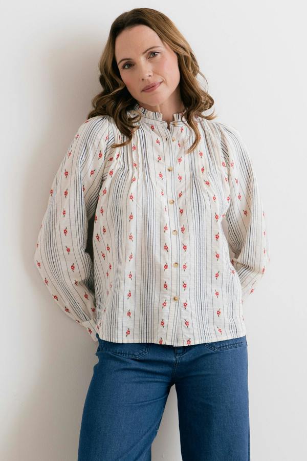 Lily & Me Flora Embroidered Stripe Blouse Ecru