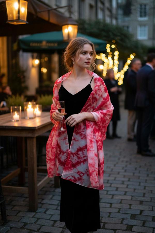 Crimson Shibori Silk Scarf – Hand-Dyed Mulberry Silk, Evening & Party Wrap