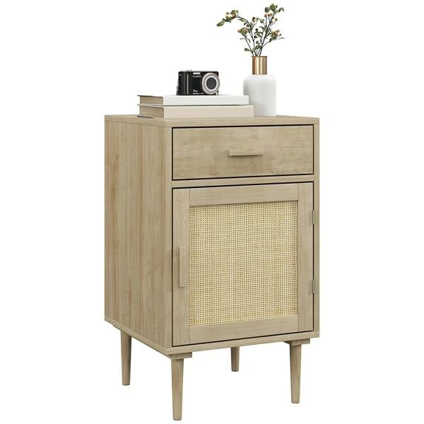 Rattan bedside table with top drawer and rattan-front cabinet door, natural wood finish.