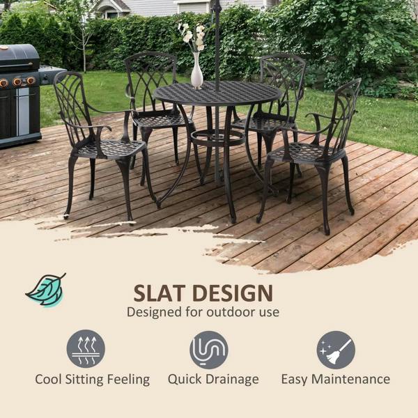 Brown outdoor dining set with round table and four armchairs on a deck