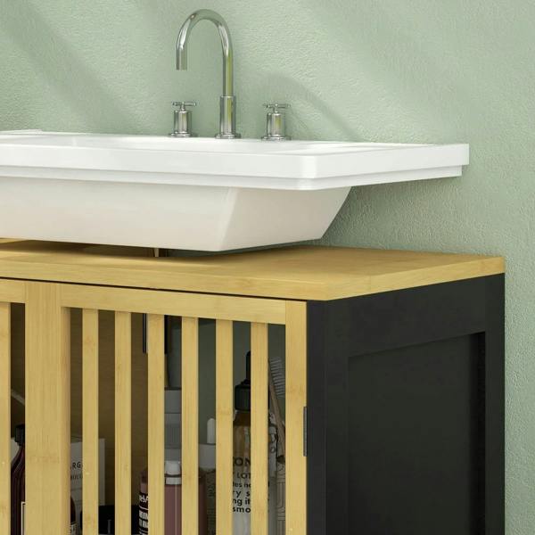 Under sink cabinet top view with cut-out opening above white sink, bamboo slatted front