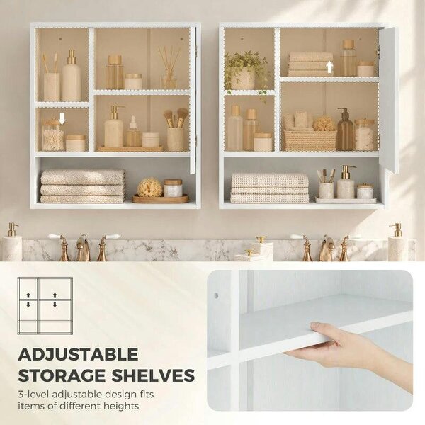 Bathroom Mirror Cabinet, Wall-Mounted Bathroom Cabinet with Mirror Door, Adjustable Shelves, White