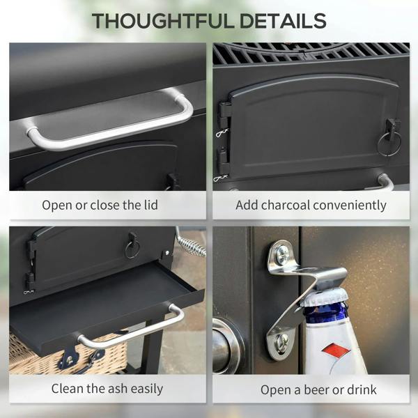 Black BBQ grill details: side handle, ash clean-out, and open/close lid latch