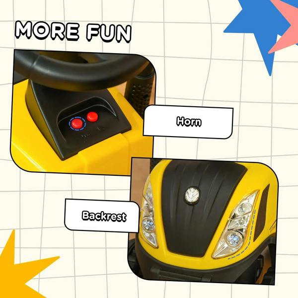 Yellow ride-on tractor walker close-up of horn control panel and black front hood