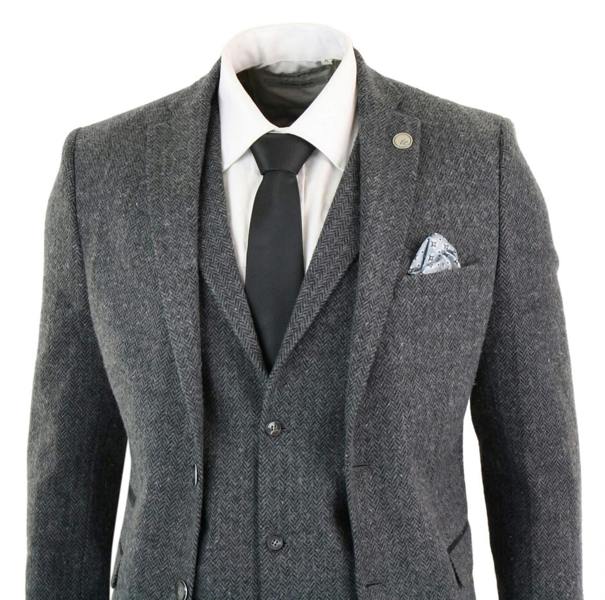 TruClothing Men's 3 Piece Charcoal Grey Herringbone Tweed Suit