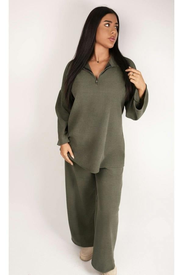 Selira Ribbed Zip Front Top And Wide Leg Trouser Co-ord Set - Khaki