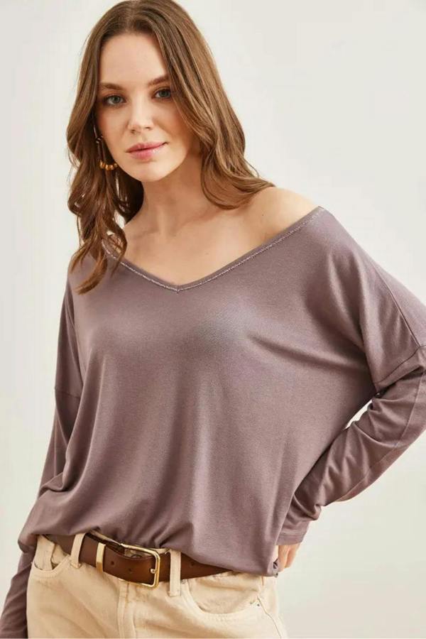 Hoxton Gal V-Neck Viscose Blouse with Silver Stitching Details