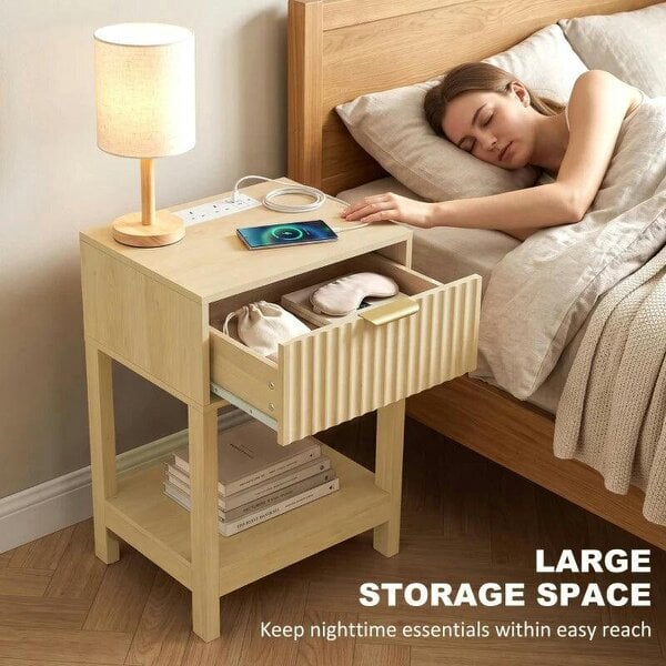 Modern Fluted Nightstand Set of 2, Bedside Table with Charging Station, Drawer and Open Shelf for Bedroom, Oak