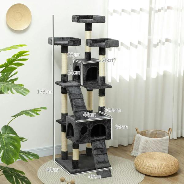 Grey cat tree tower with multi-level perches, steps, and enclosed condo houses