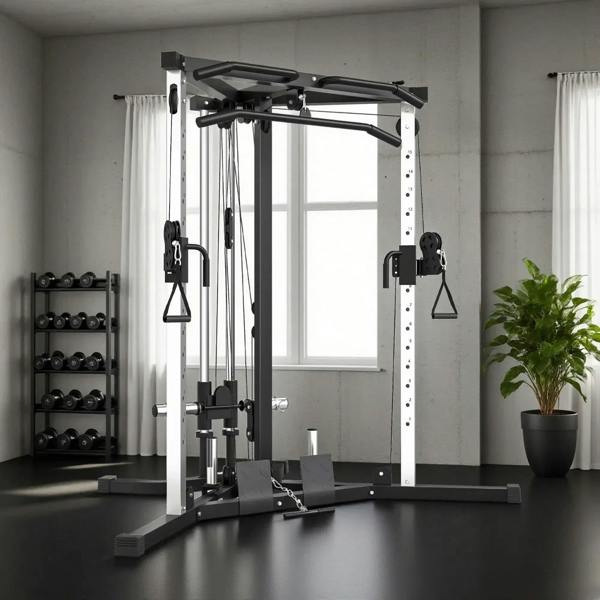 Home strength training cable machine with high-low pulleys, pull-up bar, and accessory attachments