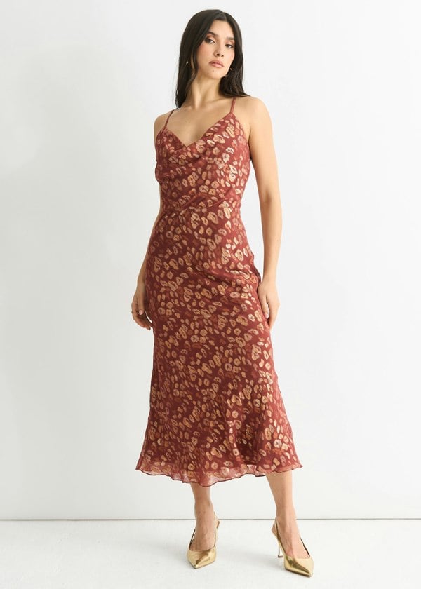 Gini London Brown Viscose Animal Jacquard Cowl Midi Dress
