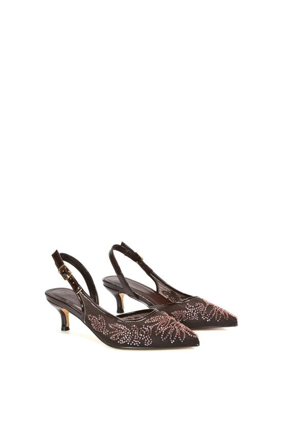 XY LONDON Embroidered Slingback Court Shoes With Kitten Heel